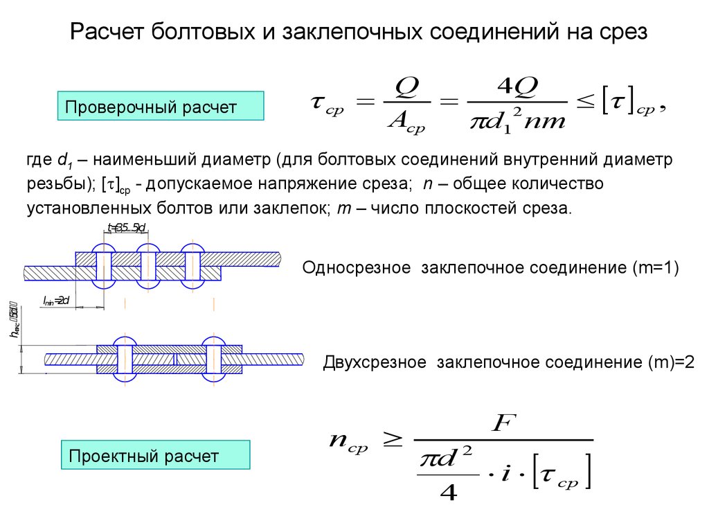 Расчет и рассчитать. Формула расчёта заклкпок на срез. Формула болтового соединения на срез. Расчетные соединения болтовых соединений. Условие прочности на срез болтового соединения.