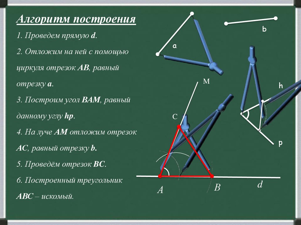 Построить треугольник равный данному. Теорема построения треугольника. Построение треугольника по двум элементам 7 класс. Алгоритм построения треугольника по 3 элементам. Построение треугольника с помощью циркуля и линейки.