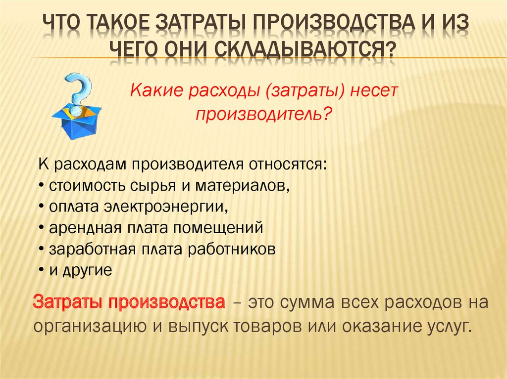 Что такое себестоимость. Затраты производства Обществознание 7 класс. Из чего складываются затраты на производство. Затраты производства это в обществознании. Виды затрат производства 7 класс.