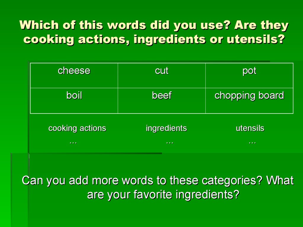 Which of this words did you use? Are they cooking actions, ingredients or utensils?