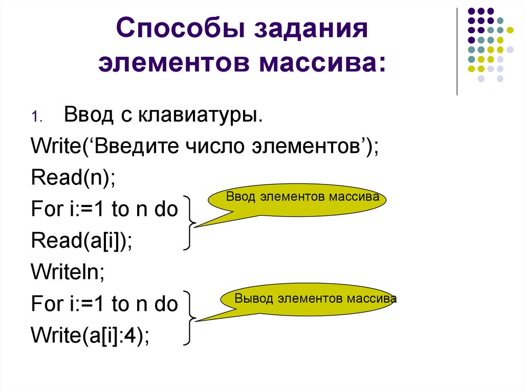 Элемент задание. Способы ввода массива Паскаль. Способы задания массива в Паскале. Способы формирования массивов в Паскале. Одномерный массив Паскаль.