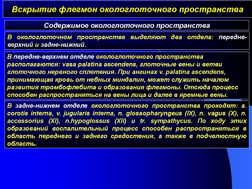 Вскрытие флегмон и абсцессов. Вскрытие абсцесса окологлоточного пространства. Вскрытие флегмоны окологлоточного пространства. Методика операции вскрытия абсцесса окологлоточного пространства.