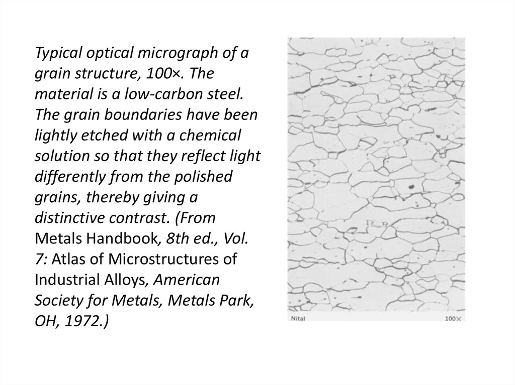 Typical optical micrograph of a grain structure, 100×. The material is a low-carbon steel. The grain boundaries have been