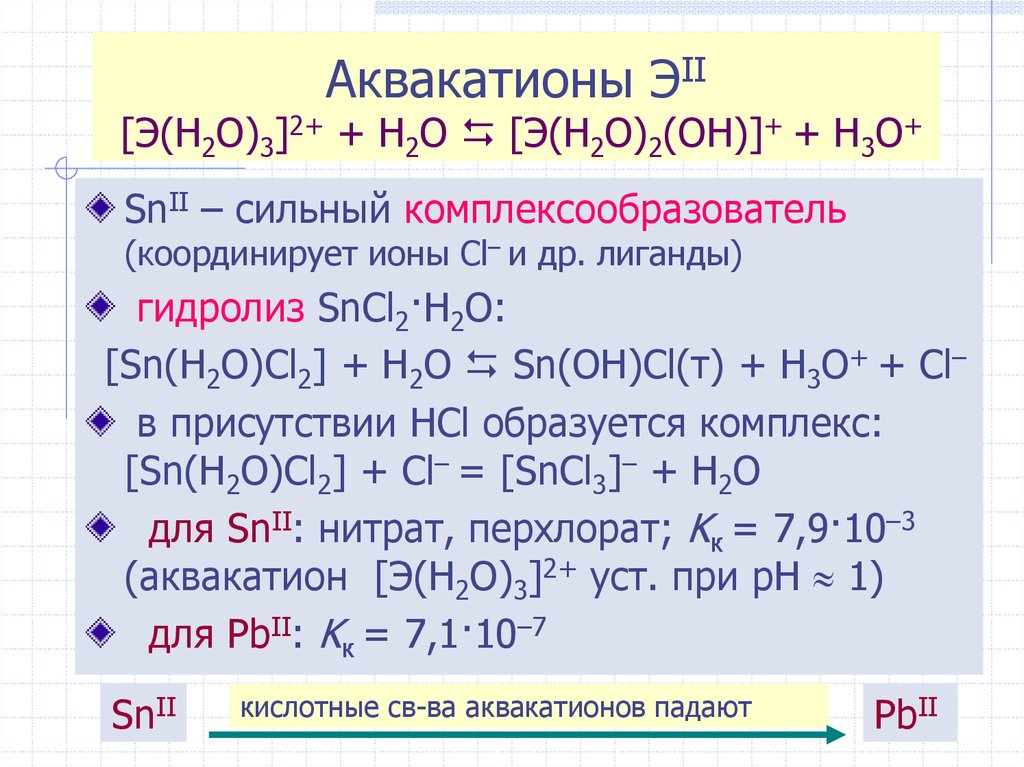 Аквакатионы ЭII [Э(H2O)3]2+ + H2O  [Э(H2O)2(OH)]+ + H3O+
