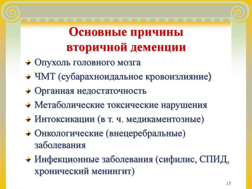 Причины деменции. Деменция причины возникновения. Причины вторичной деменции:. Факторы возникновения деменции.