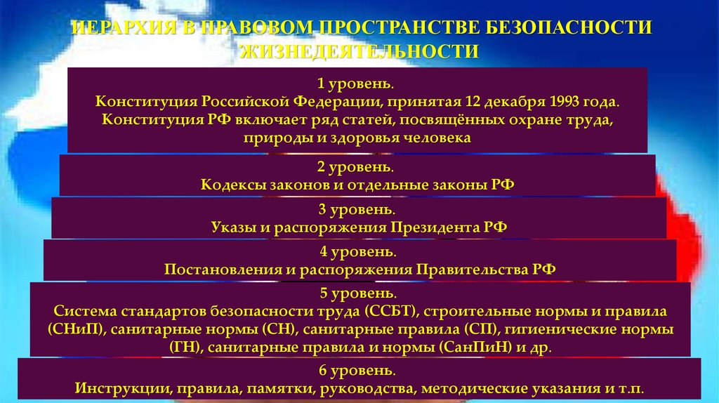 Отдельные законы. Уровни Конституции РФ. Иерархия в правовом пространстве БЖД. Иерархия стандартов в Российской Федерации. Уровни безопасности жизнедеятельности.