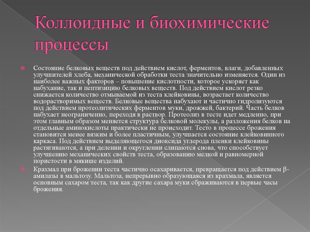 Состояние белков. Коллоидные и биохимические процессы. Биохимические процессы теста. Процессы брожения коллоидные. Биохимические процессы в тесте.