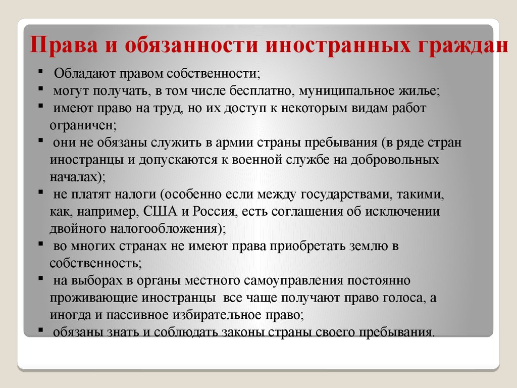 Избирательное право иностранных граждан. Обязанности иностранных граждан в РФ.