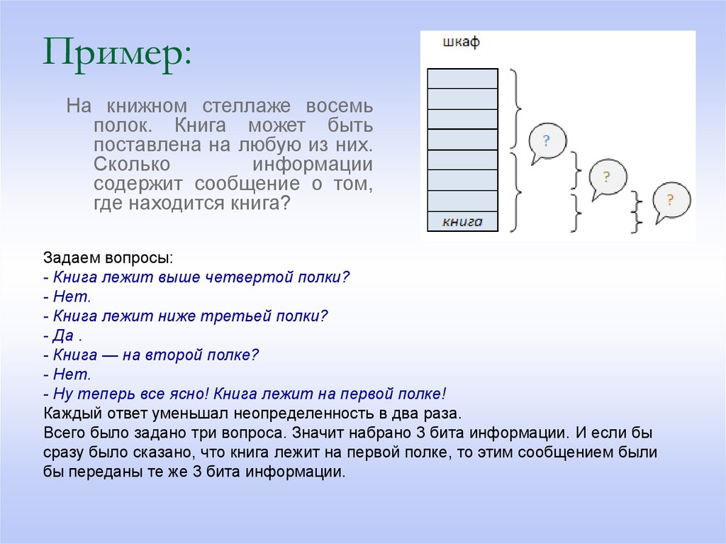 Расположите книги. На книжном стеллаже 8 полок сколько информации содержит. В стеллаже 8 полок книга может быть поставлена. В книжном шкафу 8 полок книга может быть поставлена на любую из них. Сообщение о том что интересующая вас книга находится на 5 полке несет 3.