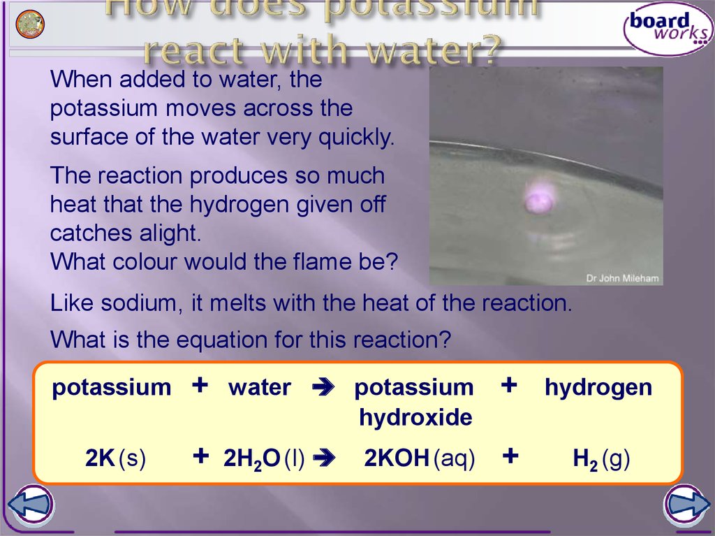 How does potassium react with water?