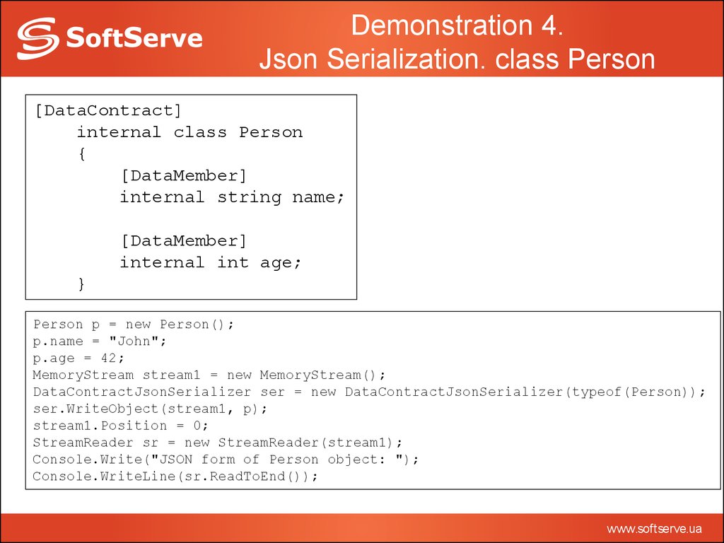 Demonstration 4. Json Serialization. class Person