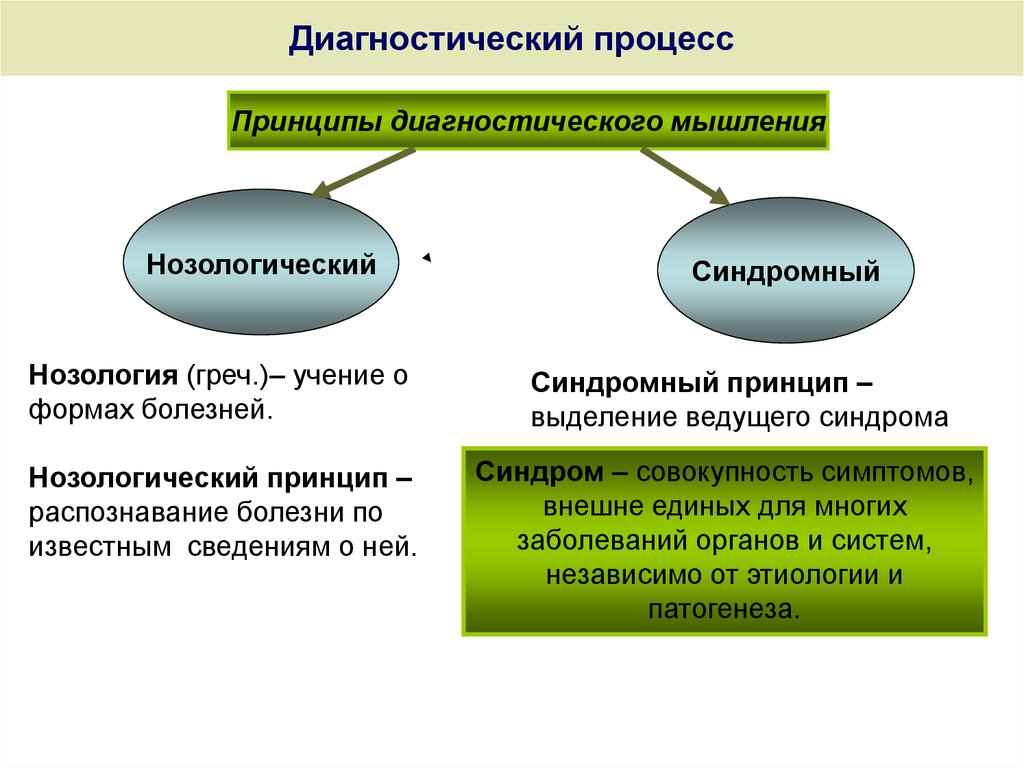 Процессы диагностики. Принципы изучения болезней. Принципы диагностического процесса. Нозологический принцип изучения болезни. Принципы диагно+стической диагностики.