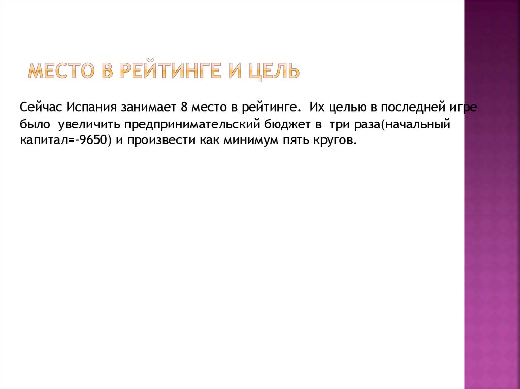 Место в рейтинге и цель