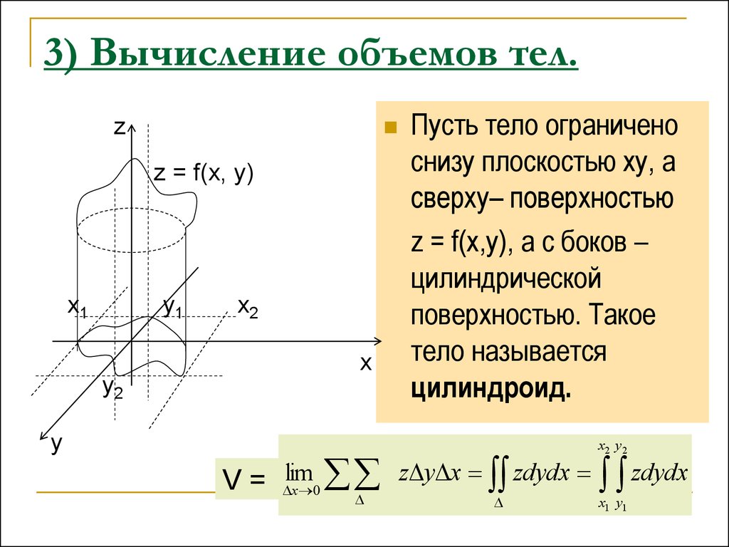 Объем тела. Вычисление объема тела. Объем с помощью двойного интеграла. Объем тела ограниченного поверхностями формула. Объем цилиндроида.