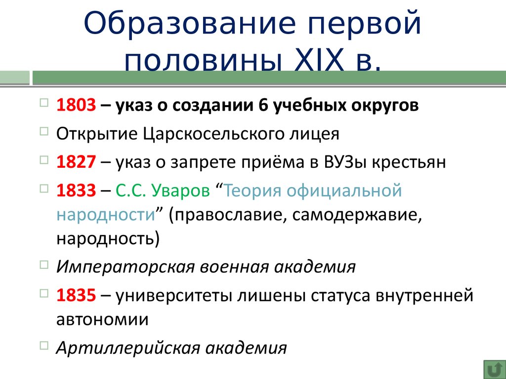 Образование первой половины 19. Шесть учебных округов 1803. Система образования по указу 1803 г.. 6 Учебных округов. 1803 Указ о структуре обучения.