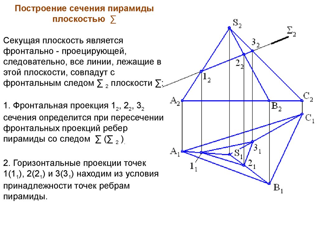 Сечением пирамиды sabc является. Пересечение пирамиды проецирующей плоскостью. Построить три проекции сечения пирамиды проецирующей плоскостью. Построить сечение пирамиды фронтально-проецирующей плоскостью. Сечение пирамиды плоскостью общего положения.