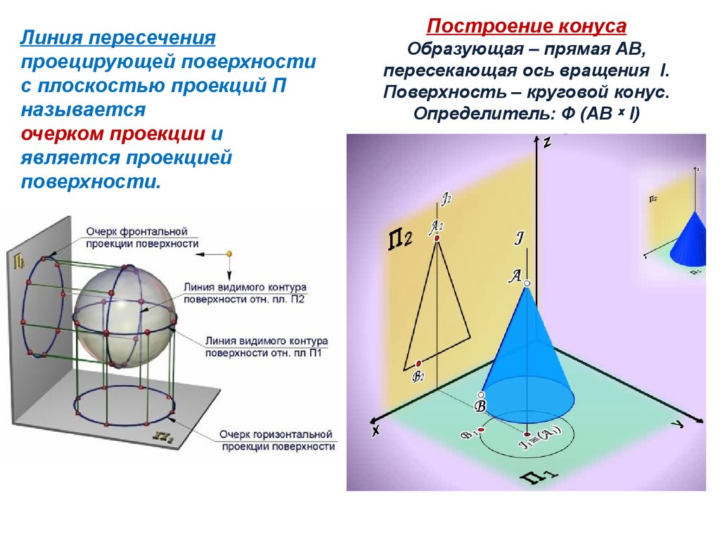 Точка пересечения оси вращения. Проецирование поверхностей вращения. Очерк поверхности вращения конуса. Проекциями прямого конуса вращения являются. Проекция поверхности на плоскость.