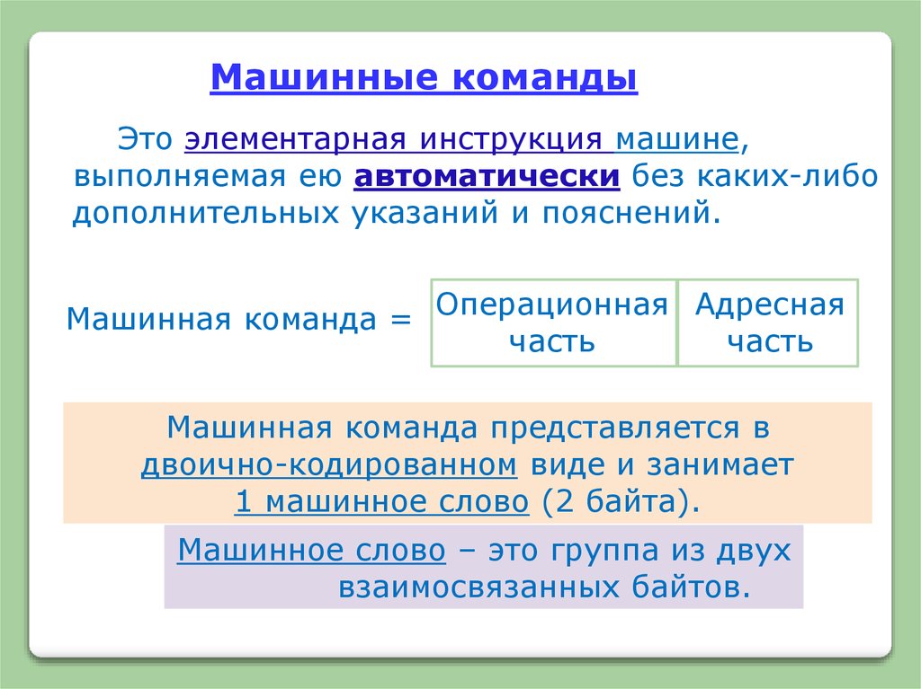 Дополнительные указания. Машинные команды. Машинное слово. Адресность машинных команд. Элементарная инструкция для компьютера.