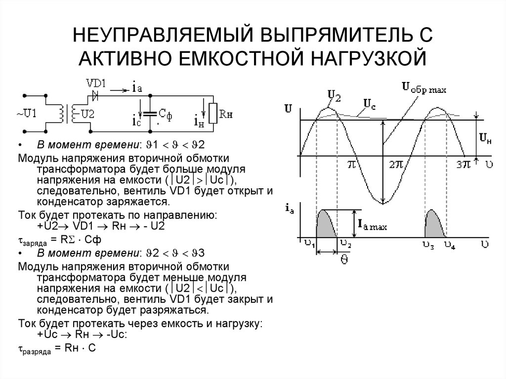 Работа схемы выпрямления на емкостную нагрузку