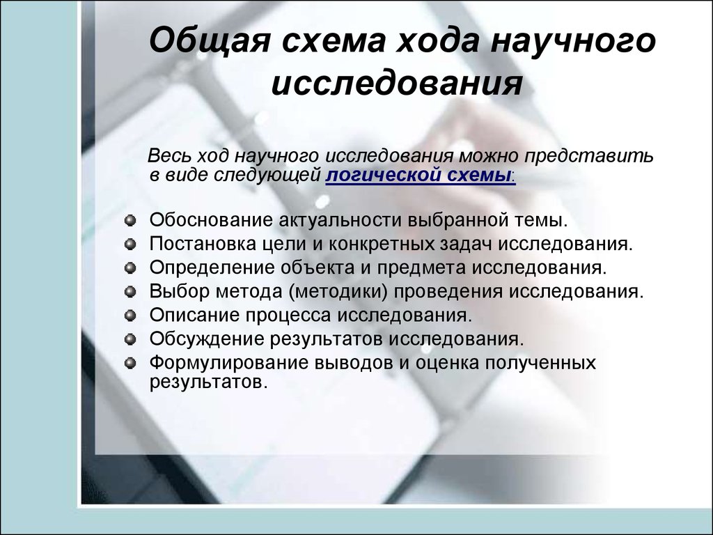 Весь ход научного исследования можно представить в виде следующей логической схемы