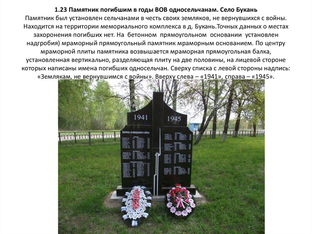 1.23 Памятник погибшим в годы ВОВ односельчанам. Село Букань Памятник был установлен сельчанами в честь своих земляков, не вернувшихся с вой