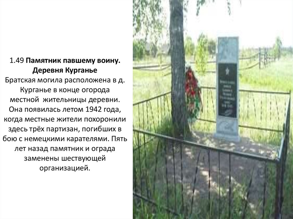 1.49 Памятник павшему воину. Деревня Курганье Братская могила расположена в д. Курганье в конце огорода местной  жительницы деревни. Она поя