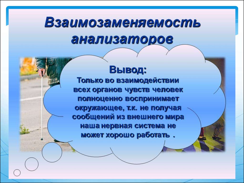 Органы чувств 8 класс биология презентация. Вывод по теме анализаторы человека. Взаимосвязь всех анализаторов. Взаимосвязь и взаимодействие анализаторов.. Взаимозаменяемость анализаторов.