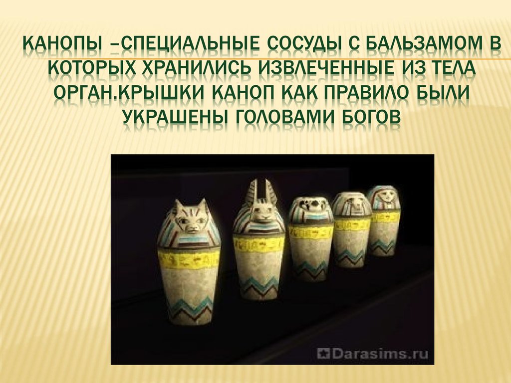 Канопы –специальные сосуды с бальзамом в которых хранились извлеченные из тела орган.Крышки каноп как правило были украшены головами бог