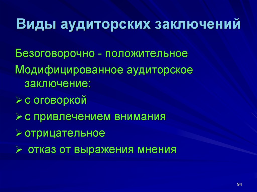 Модифицированное аудиторское заключение. Виды аудиторских заключений. Безоговорочно положительное аудиторское заключение. 51. Виды модифицированных аудиторских заключений..