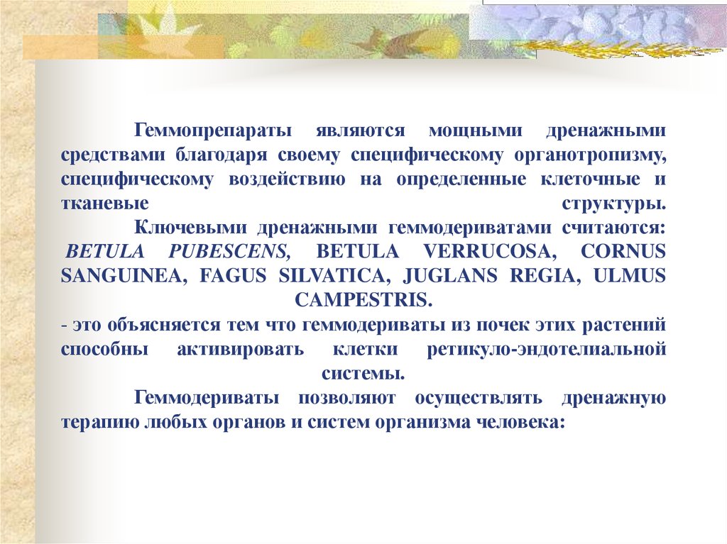 Геммопрепараты являются мощными дренажными средствами благодаря своему специфическому органотропизму, специфическому воздействию на оп