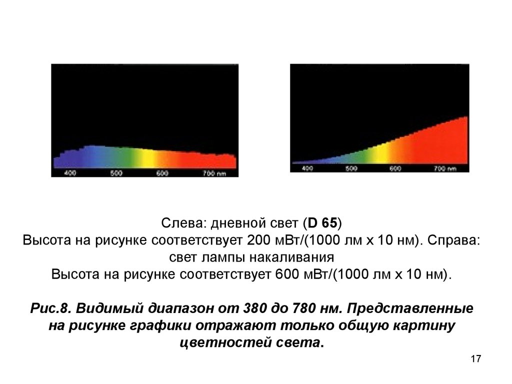 Слева: дневной свет (D 65) Высота на рисунке соответствует 200 мВт/(1000 лм х 10 нм). Справа: свет лампы накаливания Высота на рисунке соответствует 