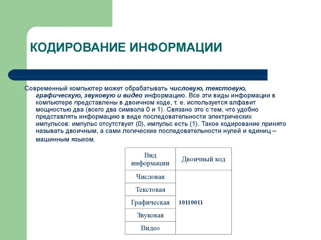 Представление данных в тексте. Кодирование информации в компьютере. Кодирование текстовой и графической информации. Кодирование числовой информации в компьютере. Кодирование звуковой и текстовой информации.