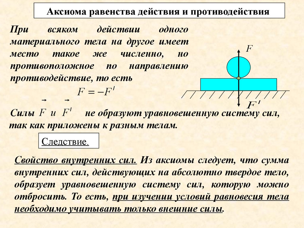 Место действия силы. Аксиома 4 закон равенства действия и противодействия. Силы действия и противодействия. Аксиома равенства. Аксиома равенства действия и противодействия техническая механика.