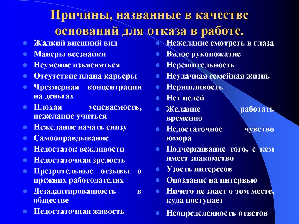 Какие бывают причины. Причины отказа в работе. Причины отказа в трудоустройстве. Почему отказывают в трудоустройстве. Основания для отказа в трудоустройстве.