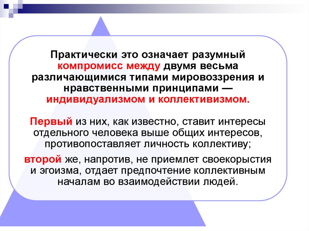 Практически это. Практически. Разумный компромисс. Принцип индивидуализма в управлении. Нравственные принципы индивидуализм.