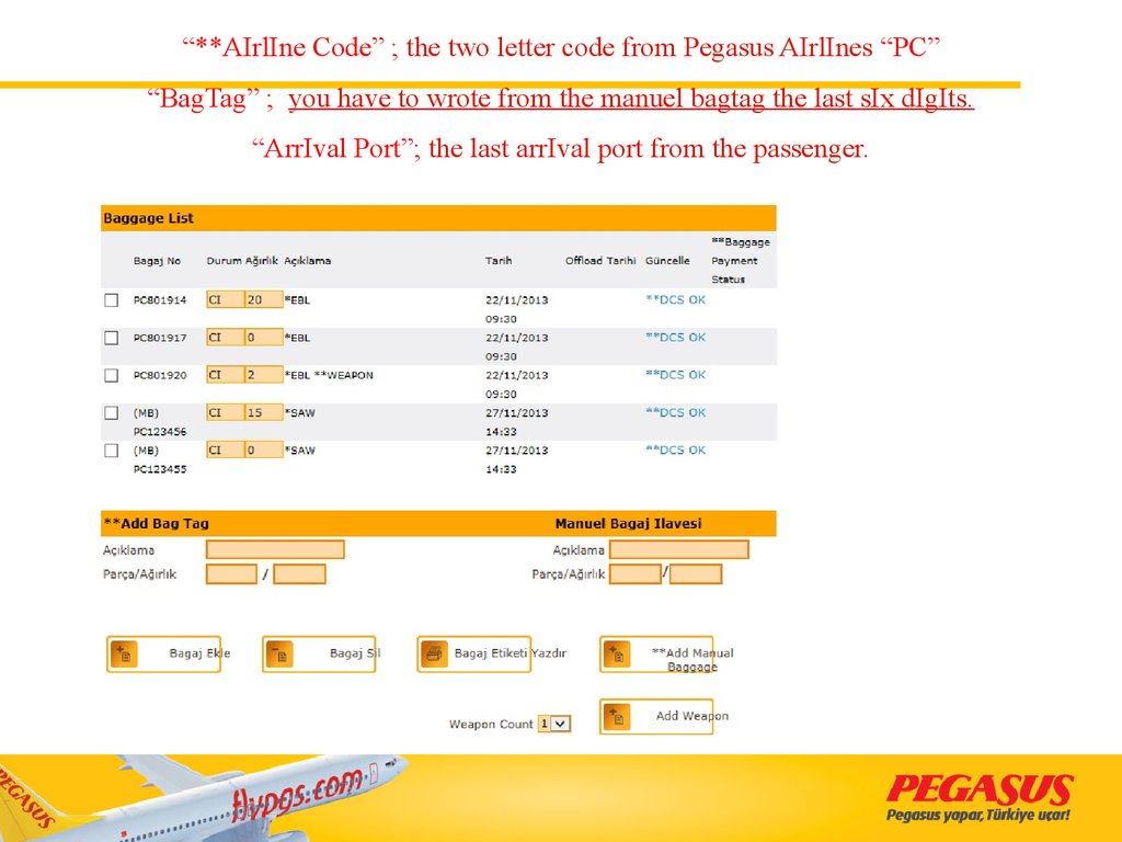 “**AIrlIne Code” ; the two letter code from Pegasus AIrlInes “PC” “BagTag” ; you have to wrote from the manuel bagtag the last sIx dIgIts. “ArrIval Port”; the last arrIval port from the passenger.