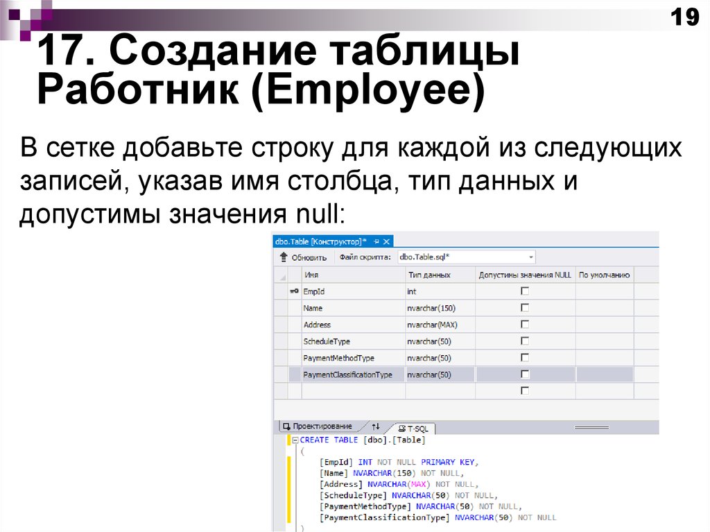 17. Создание таблицы Работник (Employee)