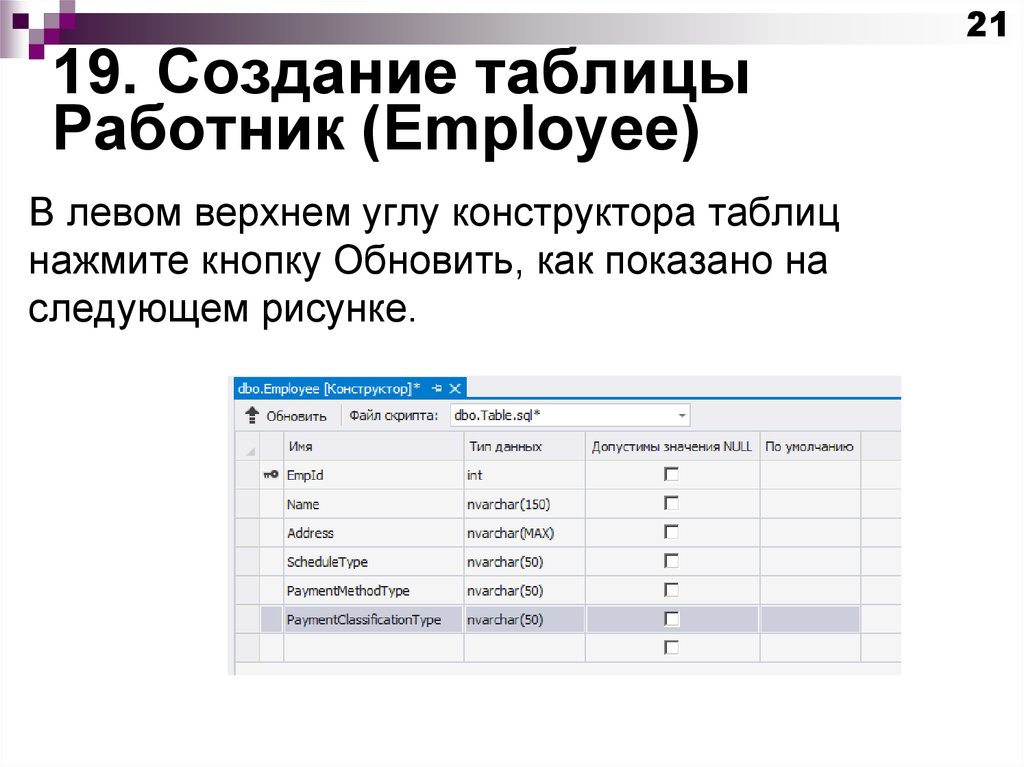 19. Создание таблицы Работник (Employee)