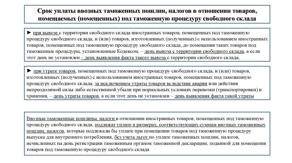 Внутренние таможенные пошлины. Свободный склад таможенная процедура. Сроки уплаты таможенных пошлин. Иностранные товары, помещенные под процедуру свободного склада:. Сроки уплаты ввозных таможенных пошлин.