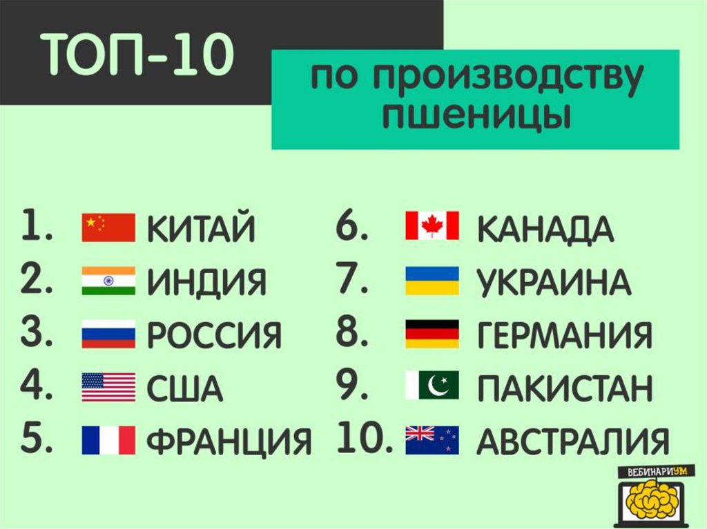 Какие три страны из перечисленных. Основные производители пшеницы Китай Индия и США.