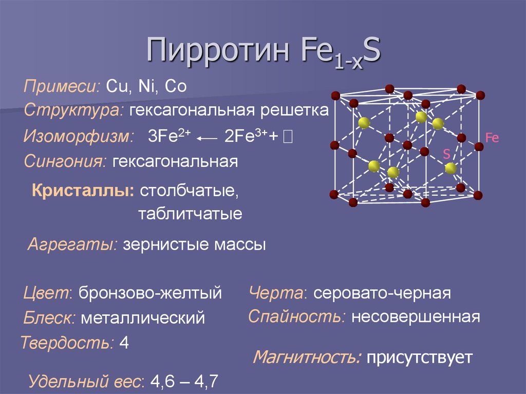 Сульфид железа. Кристаллическая решетка пирротина. Пирротин гексагональная сингония. Гексагональная кристаллическая структура. Структура решётки гексагональная.