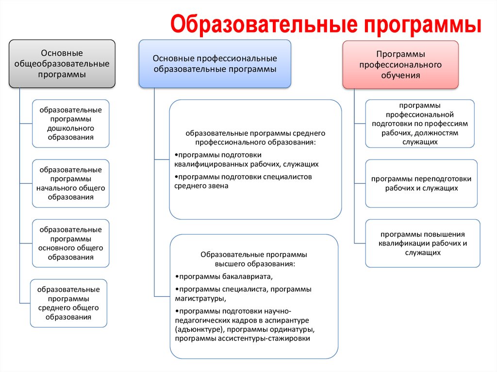 Программа педагогические кадры в образовании. Основные программы профессионального обучения это. Типы образовательных программ в профессиональном образовании. Образовательные программы среднего профессионального образования. Программы общего образования основные профессиональные программы.