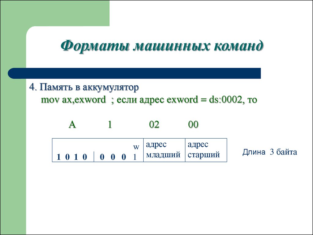 Формат машинной команды. Формат машинного слова. Формат машинной команды содержит следующие поля:. Формат машинной команды длина команды.