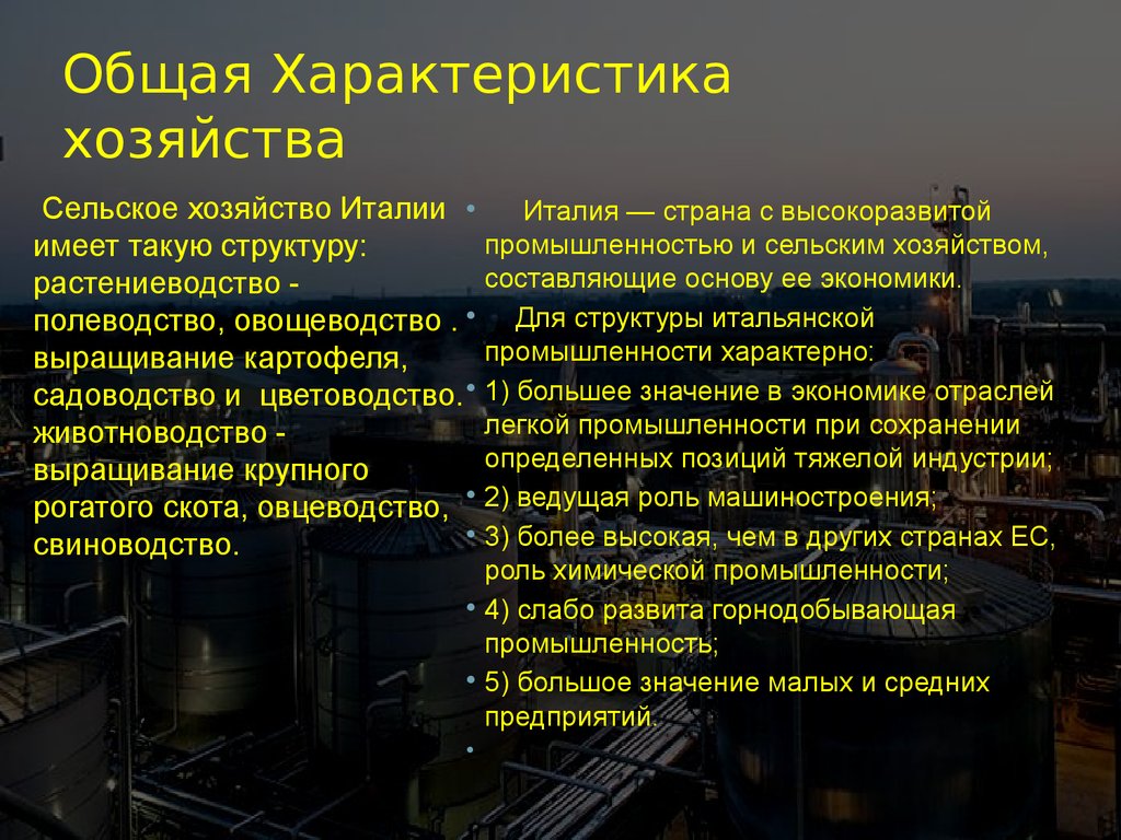 Характеристика хозяйственной деятельности населения италии. Специализация промышленности Италии. Общая характеристика хозяйства Италии.