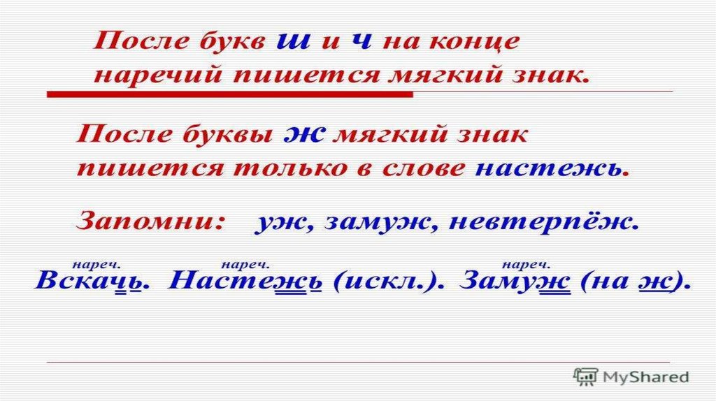 В наречии после шипящего пишется. Мягкий знак после буквы ш.