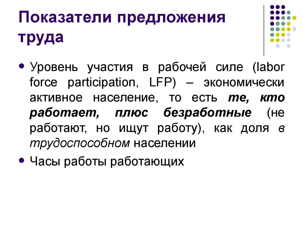 Показатели предложения. Уровень участия в рабочей силе. Показатель предложения рабочей силы. Коэффициент (уровень) участия в рабочей силе.