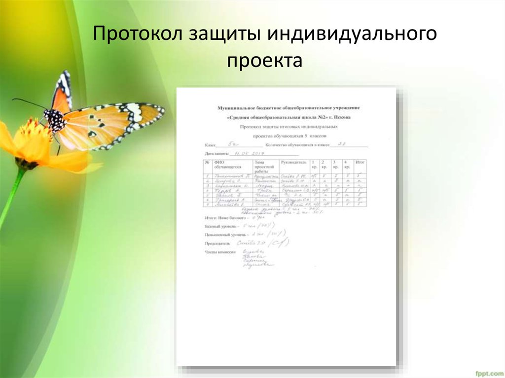 Протокол защиты проекта в 9 классе