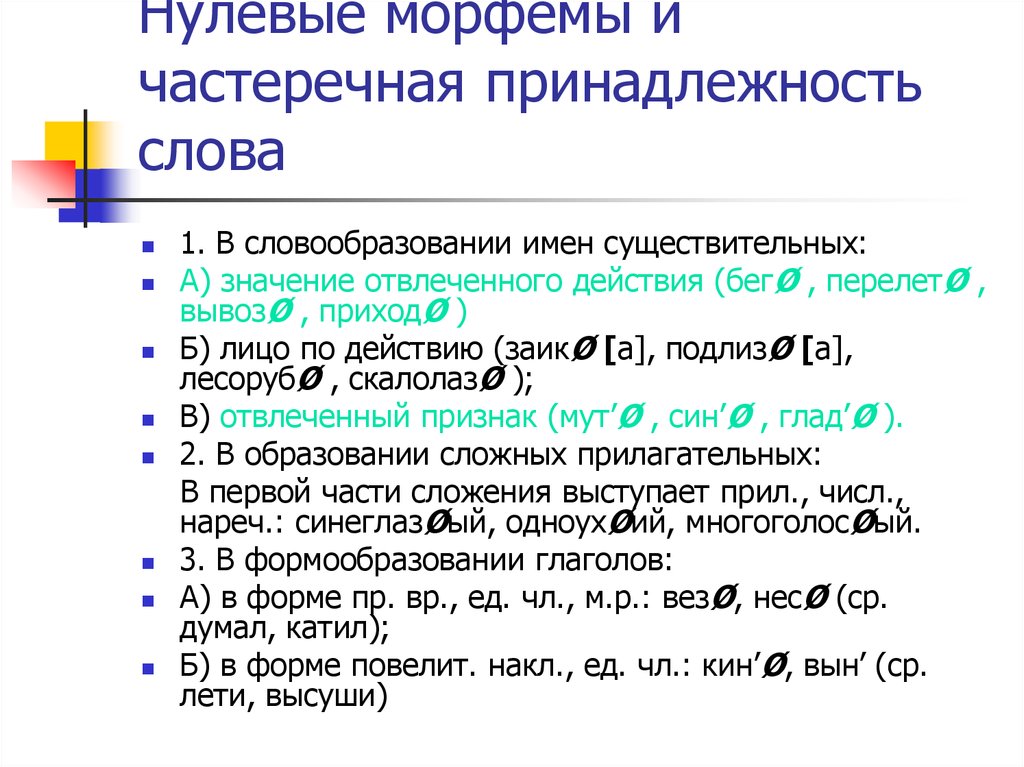 Морфема образец. Нулевая морфема. Частеречная принадлежность это примеры. Нулевая морфема в английском языке. Нулевые морфемы в русском языке.