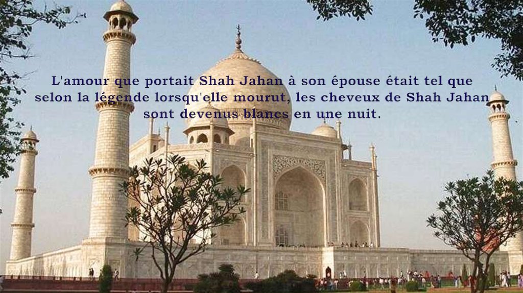 L'amour que portait Shah Jahan à son épouse était tel que selon la légende lorsqu'elle mourut, les cheveux de Shah Jahan sont