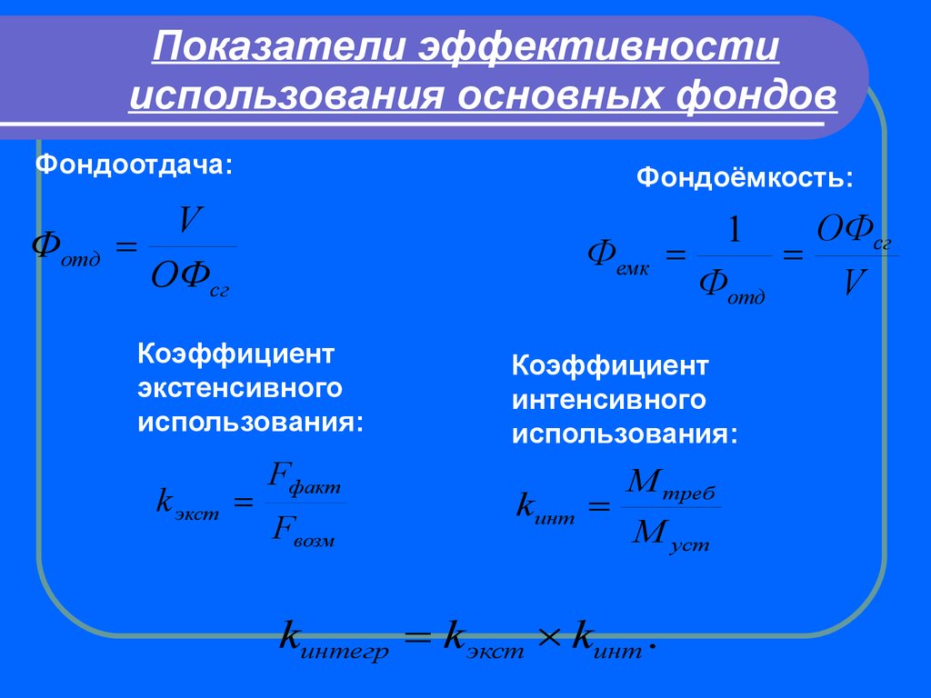 Показатели основных средств. Показатели эффективности использования основных фондов формулы. Коэффициент интенсивного использования основных средств формула. Эффективность использования основных средств формула. Коэффициент эффективности использования основных фондов формула.